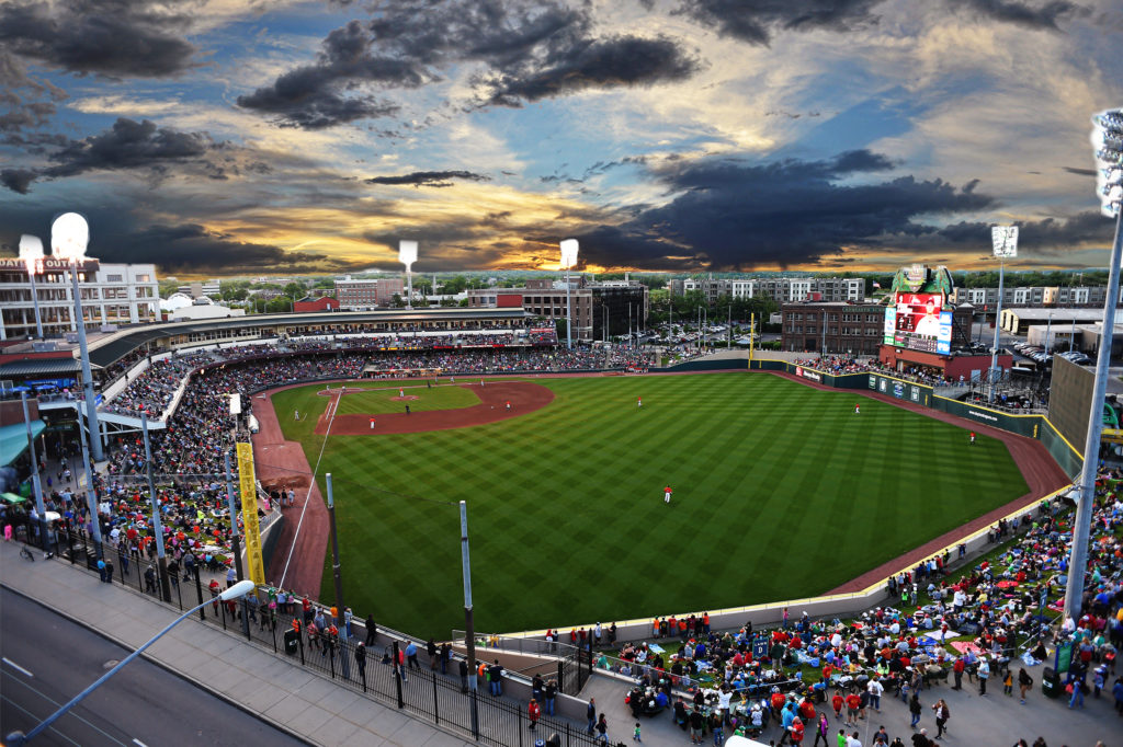 A panoramic photo of Day Air Ballpark, formerly known as Fifth Third Field, a minor league baseball stadium in Dayton, Ohio, which is the home of the Dayton Dragons, the Midwest League affiliate of the nearby Cincinnati Reds.